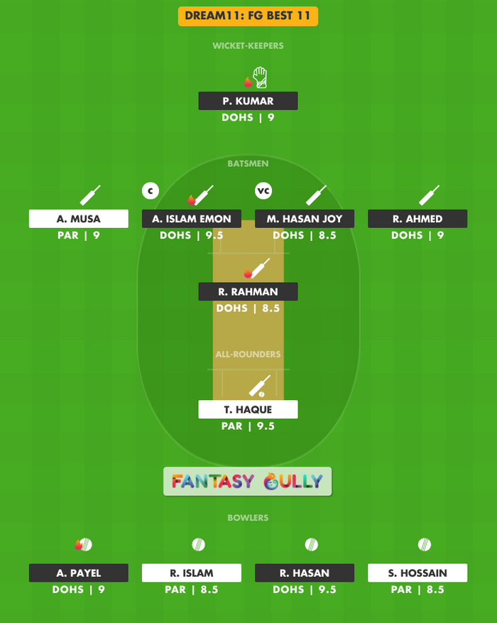 FG Best 11, DOHS vs PAR Dream11 Fantasy Team Suggestion