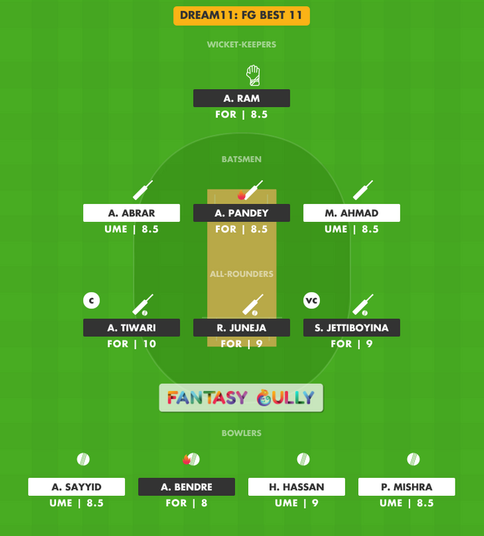 FG Best 11, UME vs FOR Dream11 Fantasy Team Suggestion