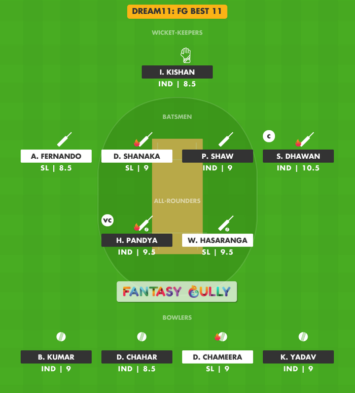 FG Best 11, SL vs IND Dream11 Fantasy Team Suggestion