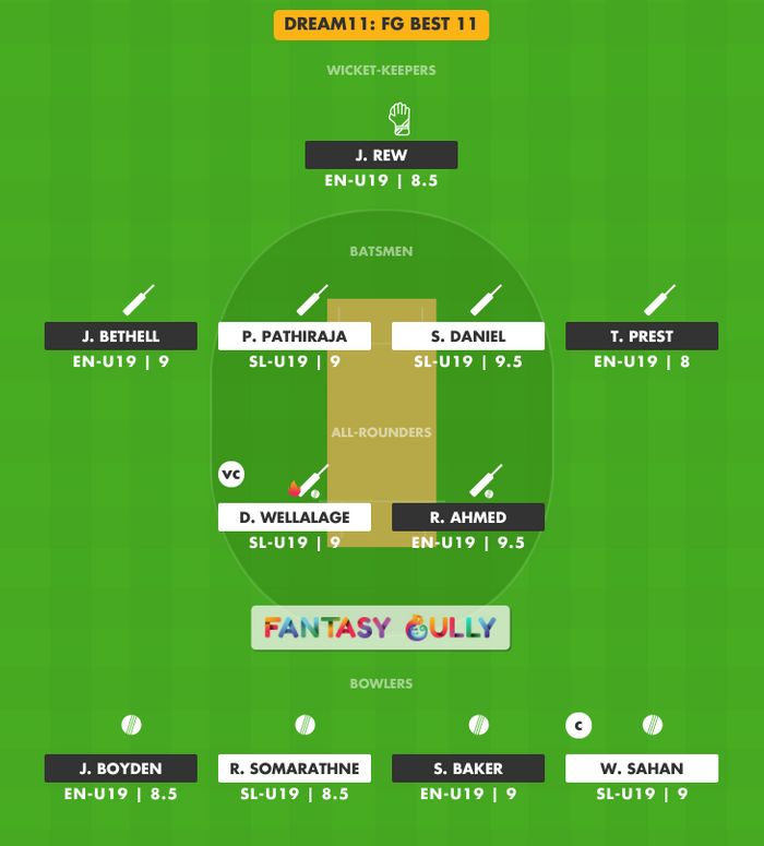 FG Best 11, SL-U19 vs EN-U19 Dream11 Fantasy Team Suggestion