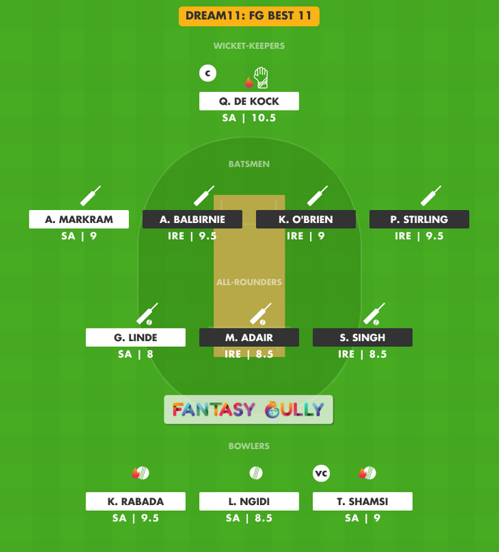 FG Best 11, IRE vs SA Dream11 Fantasy Team Suggestion