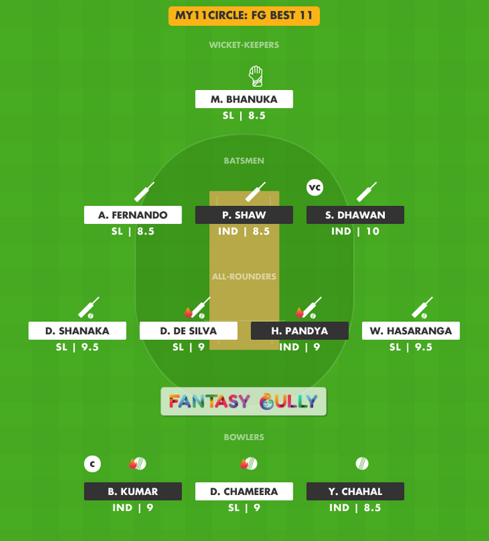 FG Best 11, SL vs IND My11Circle Fantasy Team Suggestion