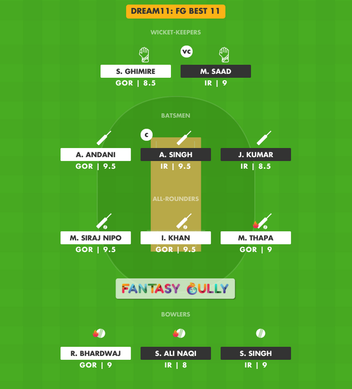 FG Best 11, GOR vs IR Dream11 Fantasy Team Suggestion