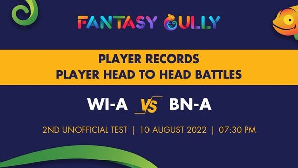 WI-A vs BN-A player battle, player records and player head to head records for 2nd unofficial Test, Bangladesh A in West Indies 2 Unofficial Test Series, 2022