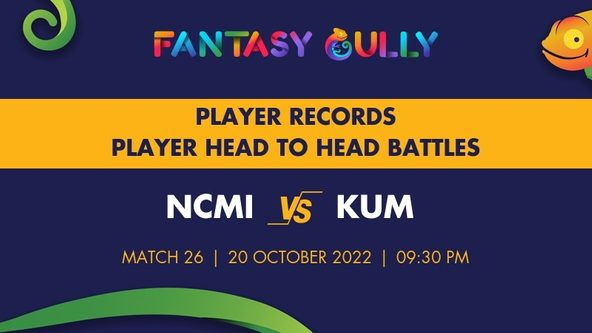 NCMI vs KUM player battle, player records and player head to head records for Match 26, Kuwait Cricket Club Premier League Division A 2022